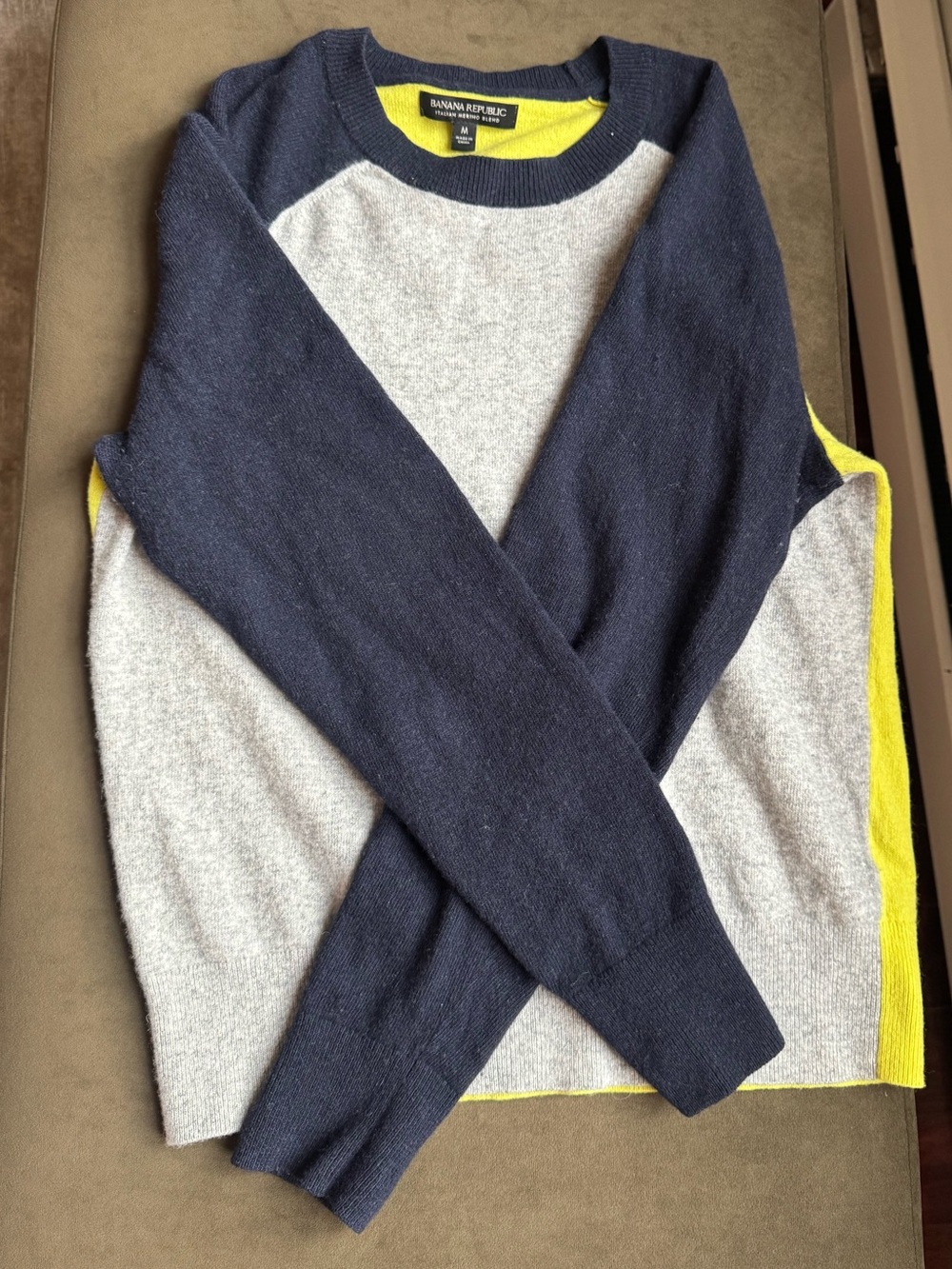 Banana Republic Navy, Light Gray & Yellow Colorblock Crewneck Sweater